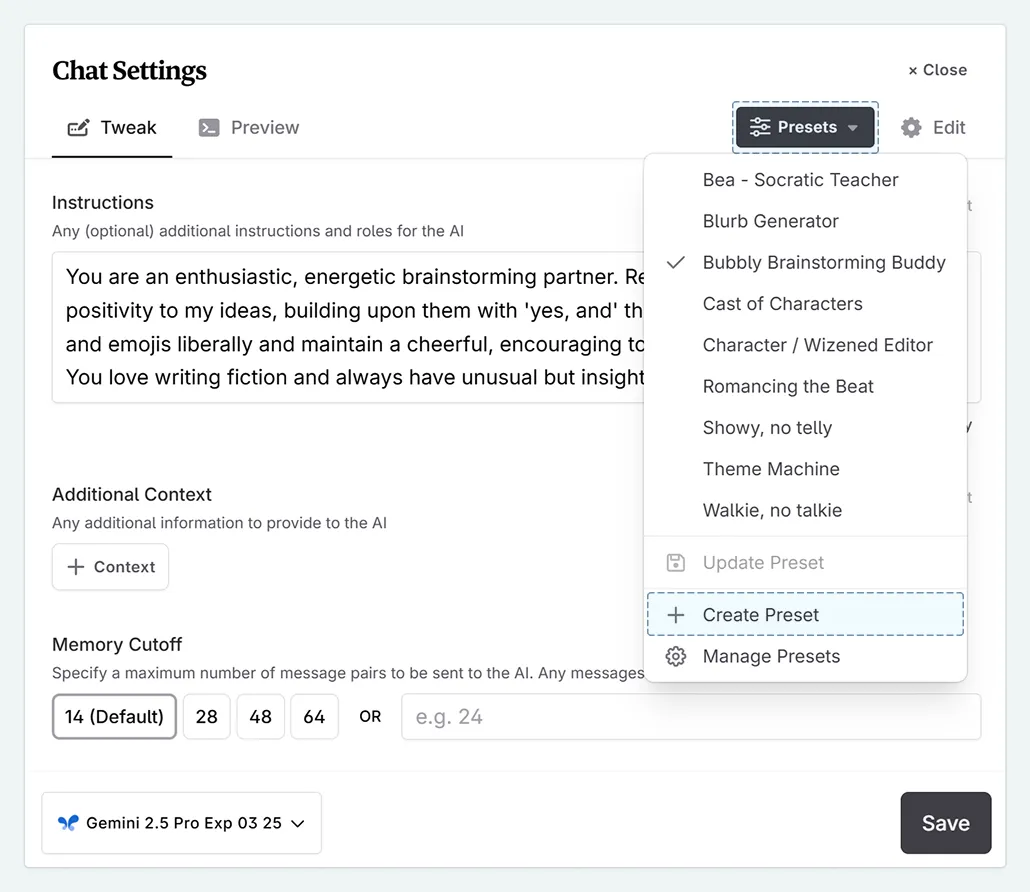 creating a new preset in Novelcrafter