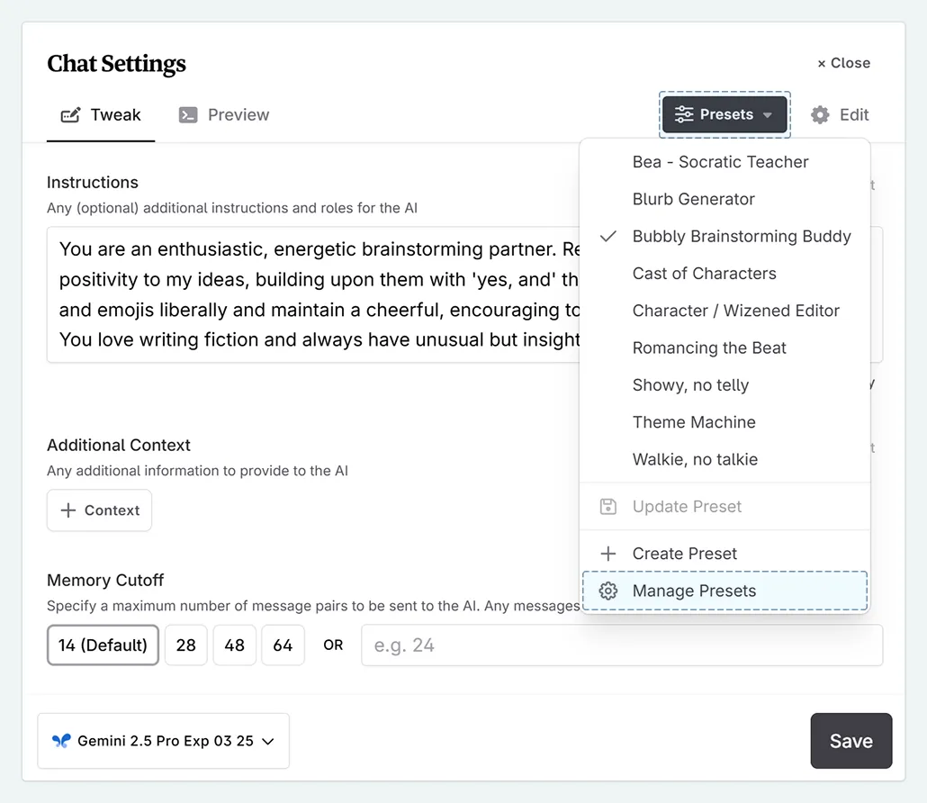 editing prompt presets within Novelcrafter