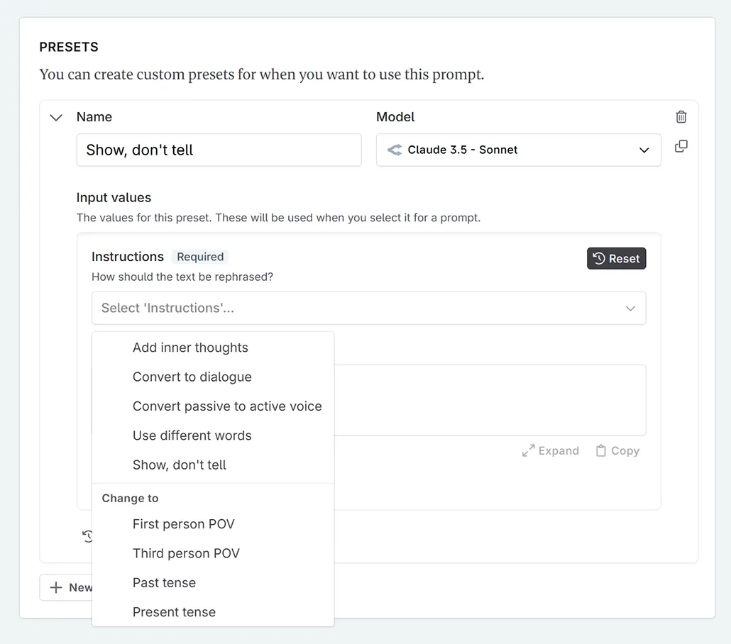 making a show don't tell preset