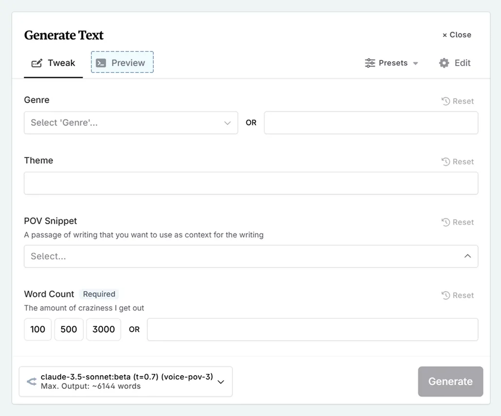 Generate text modal