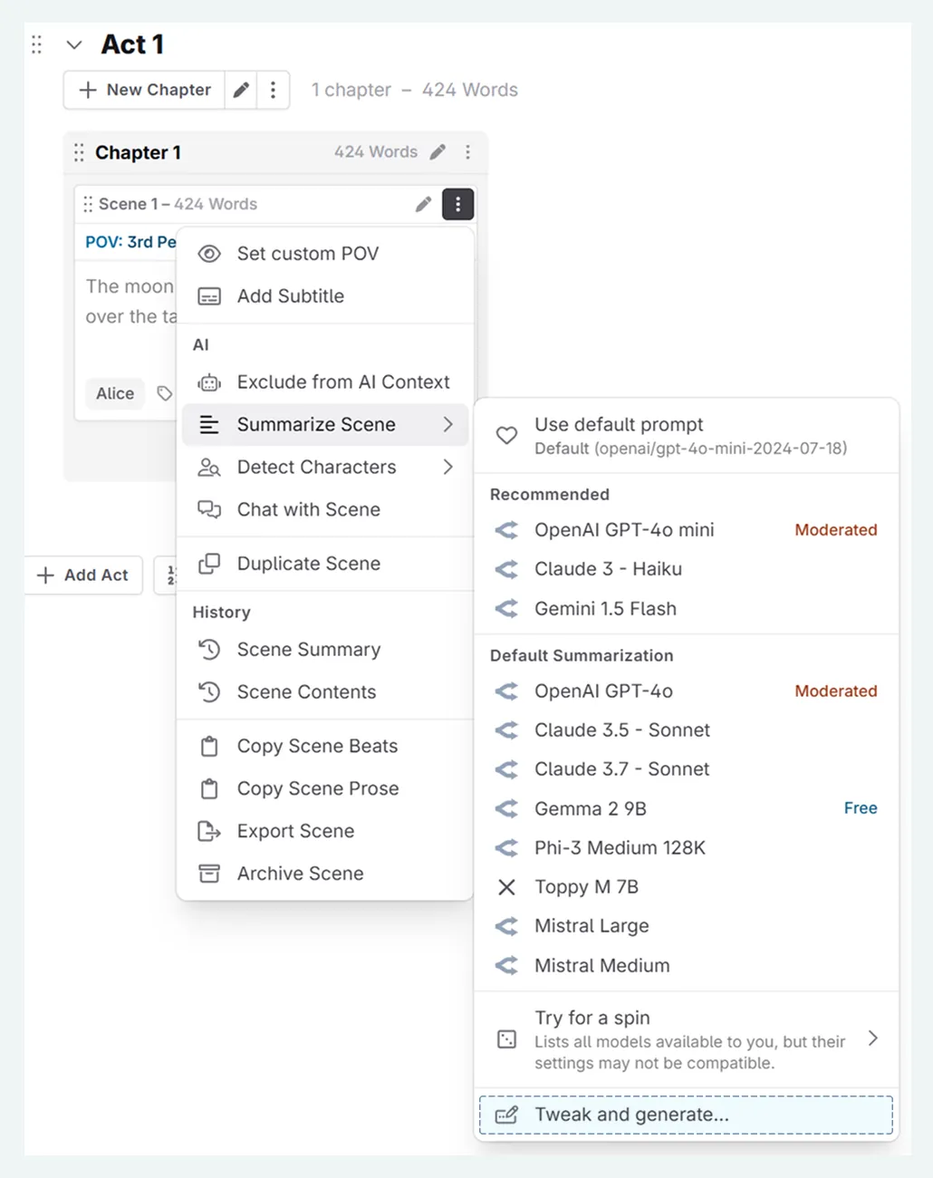 prompt preview from scene summarization