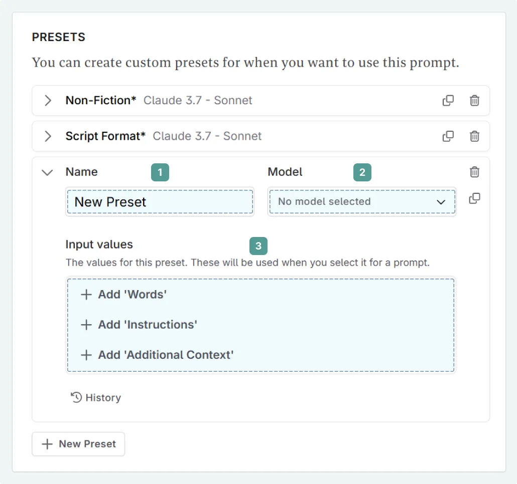 Preset management for a prompt in the prompt library