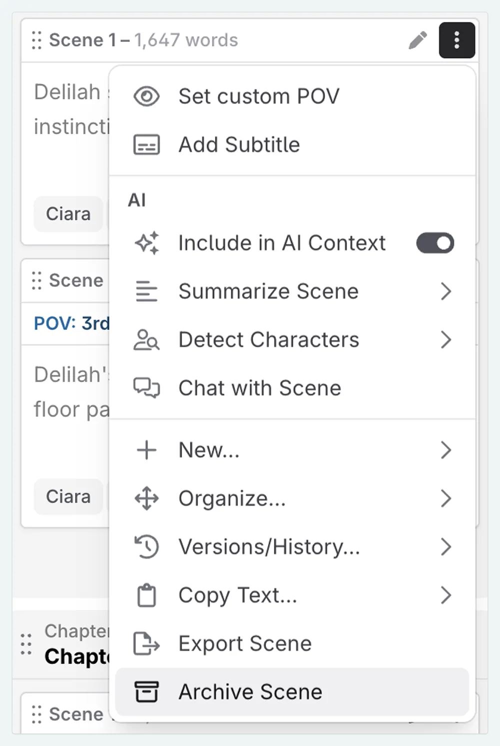 Actions menu