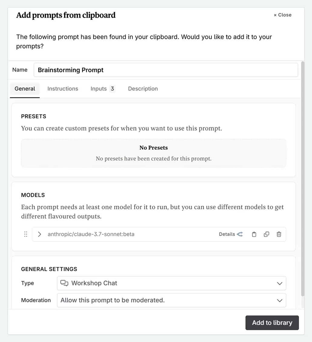 Clipboard modal for prompts