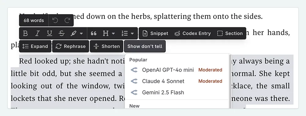 Example of selecting the Show, Don't Tell prompt