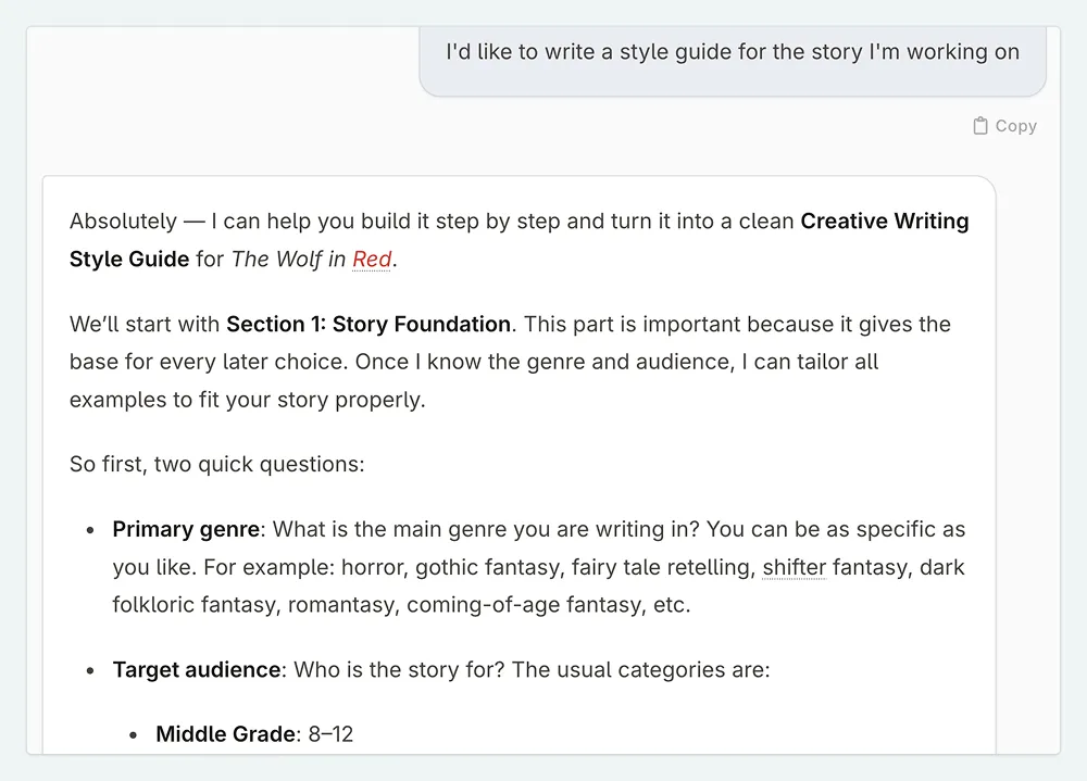 Example of questions asked by the style guide Preset