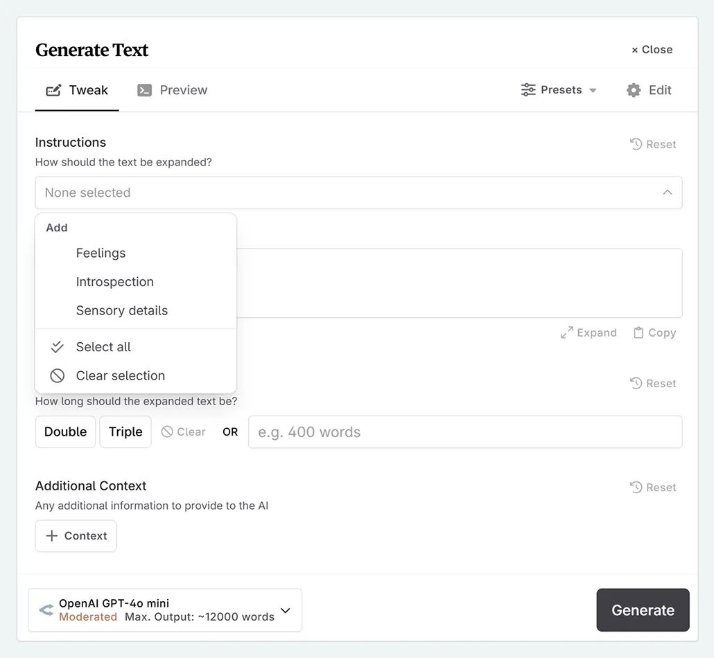 expand tweak and generate menu