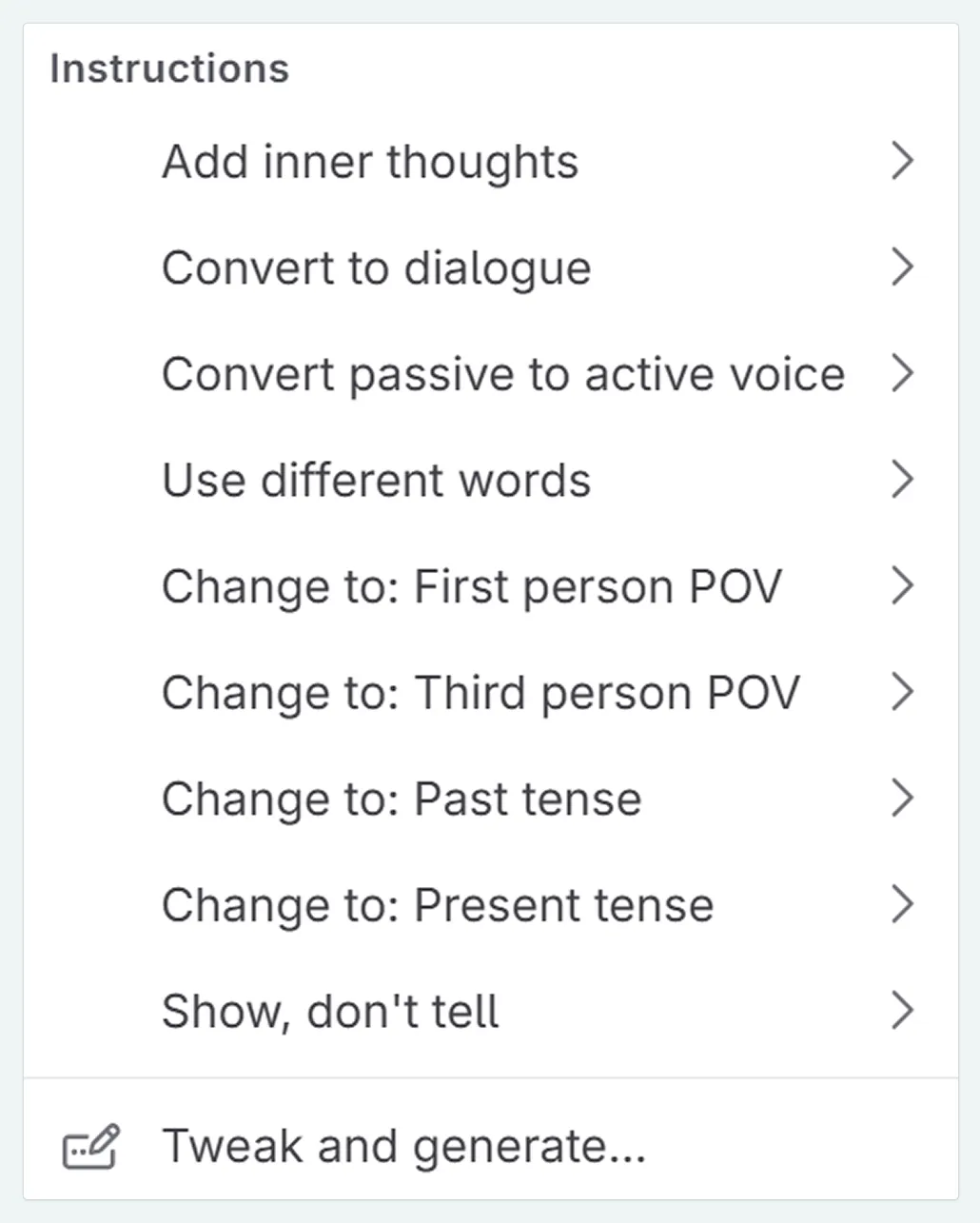 menu for text rephrase prompts