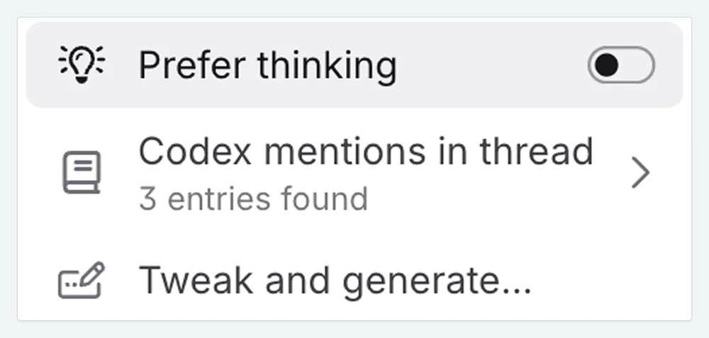 The chat options dropdown showing the prefer thinking toggle