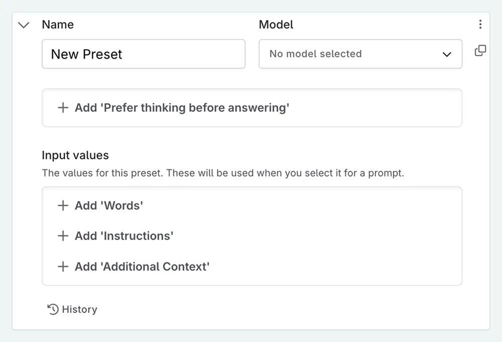 An empty preset in the prompt library