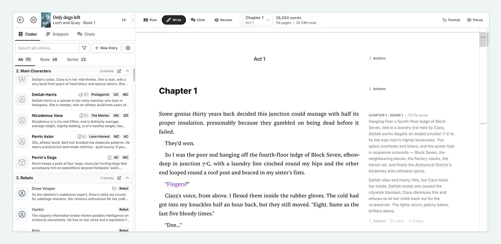 image of a setup in Novelcrafter with the Codex open on the left and a story on the right