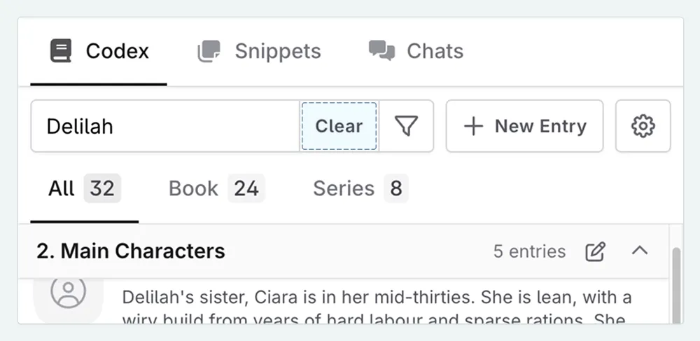 a zoom in on the search bar and clear filters button in the Codex